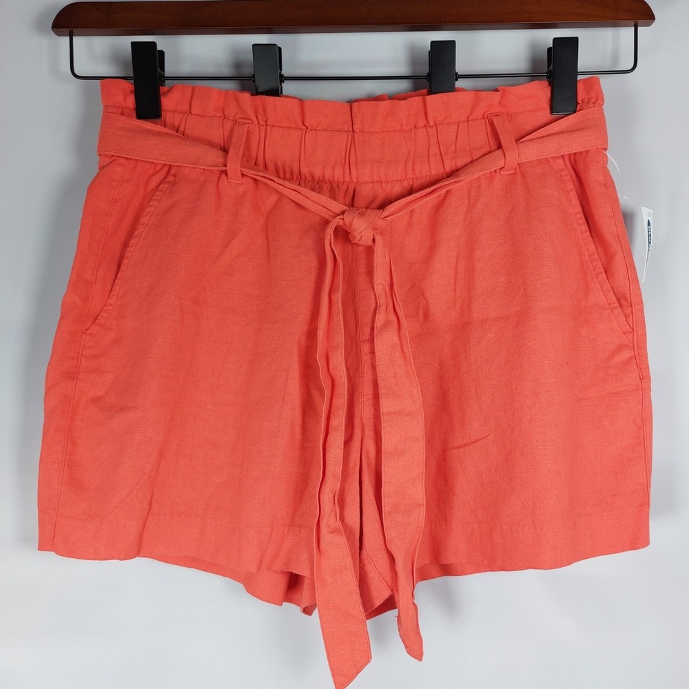 Old Navy Elastic Tie‎ Waist Shorts Size 12 Coral Orange Linen Rayon Pockets New